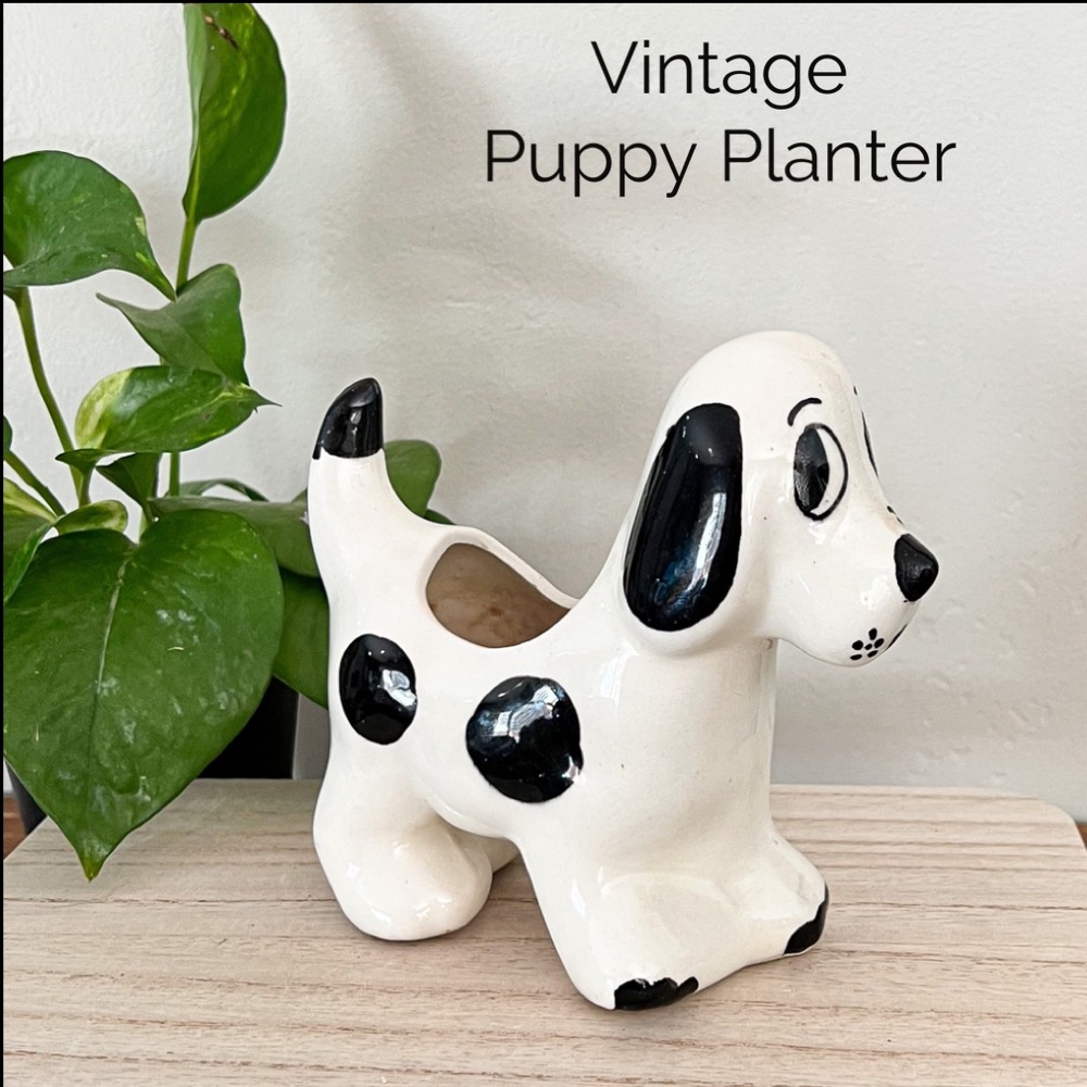 Sweet Vintage Ceramic Black & White Puppy Dog Garden Planter Succulent Holder